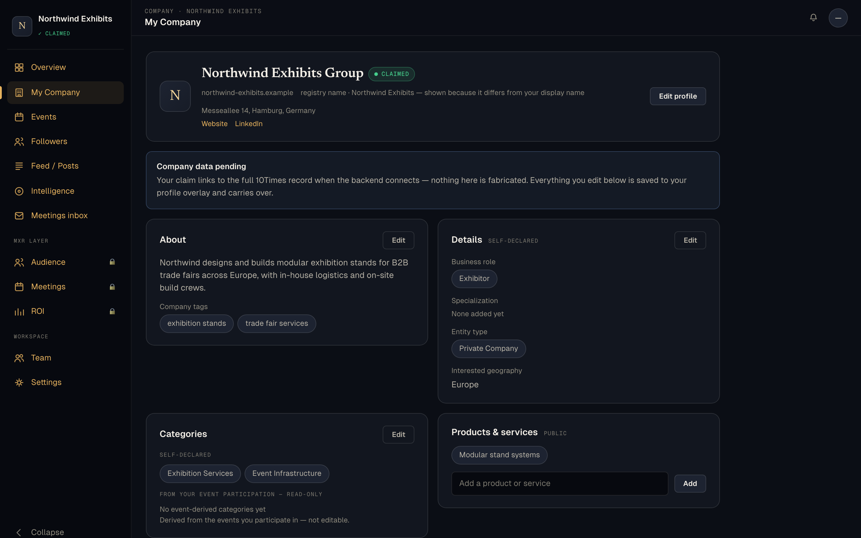 The company profile — claimed page with about, details, categories and products, from a demo workspace